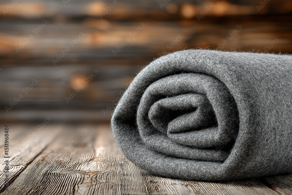 Poster soft gray blanket rolled neatly on a rustic wooden table with a warm ambiance in the background