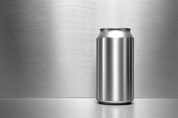 Metallic beverage can on a sleek, reflective surface in a modern setting illuminated by soft light