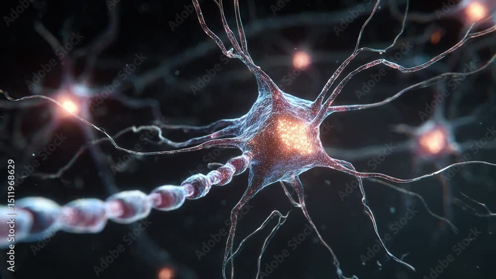 Poster Detailed Visualization of a Digital Neuron Illustrating Neural Connections and Synaptic Activity in a Dark Background