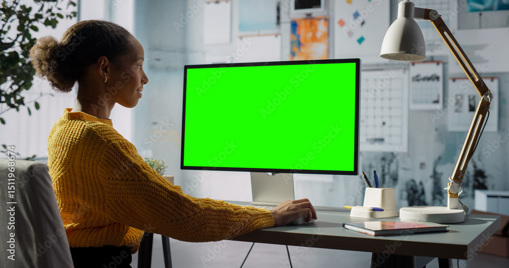 Poster black female engineer engages with desktop computer featuring green chroma key screen. modern office