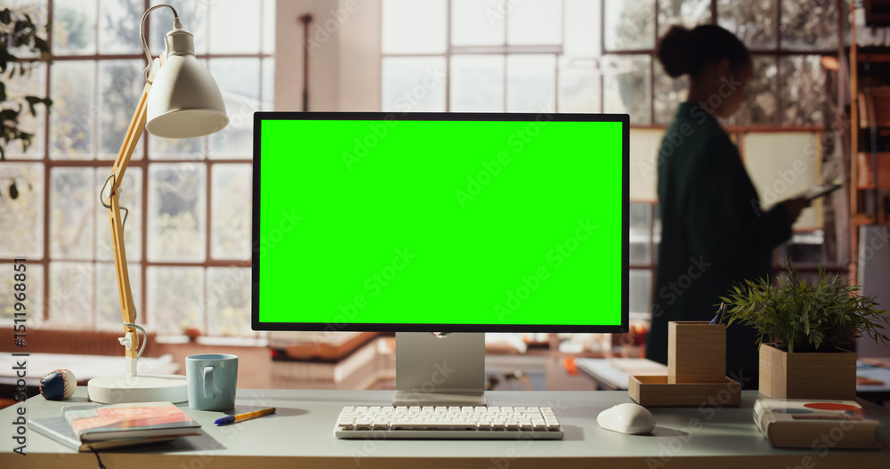 Poster green screen monitor setup for video editing and digital content creation. workspace placeholder for