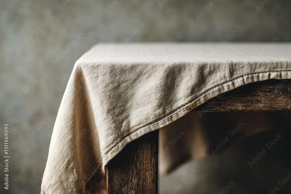 Poster table covered with a beige linen cloth in rustic indoor setting with a neutral background