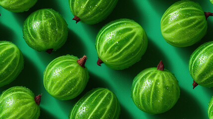 Gooseberries with dew drops on rich green background
