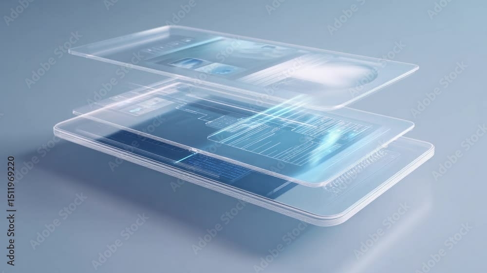 Poster layered transparent devices showcasing data analysis and technology innovation in futuristic design
