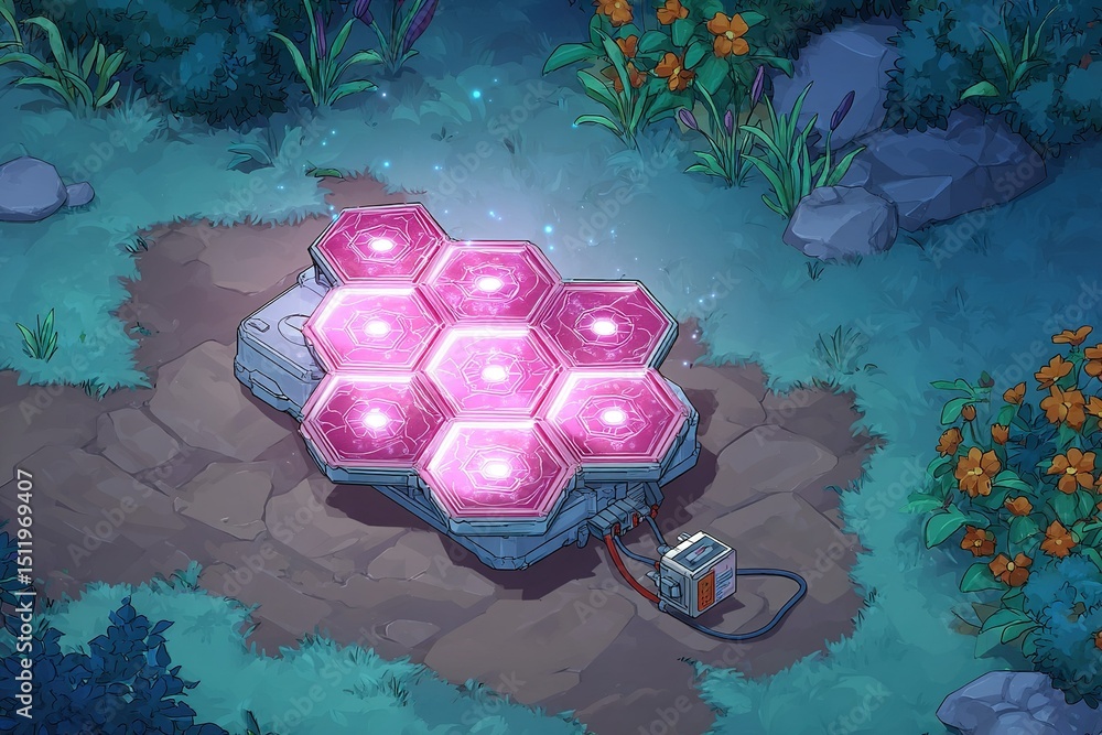 Poster brightly glowing hexagonal device surrounded by flowers in a mystical forest at twilight
