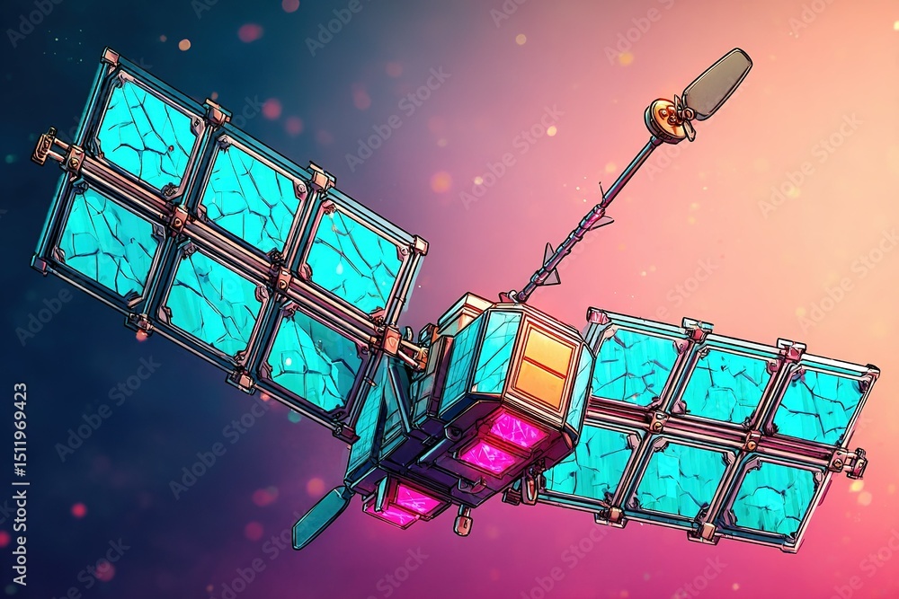 Poster satellite designed for space exploration with colorful solar panels and futuristic features in a vib