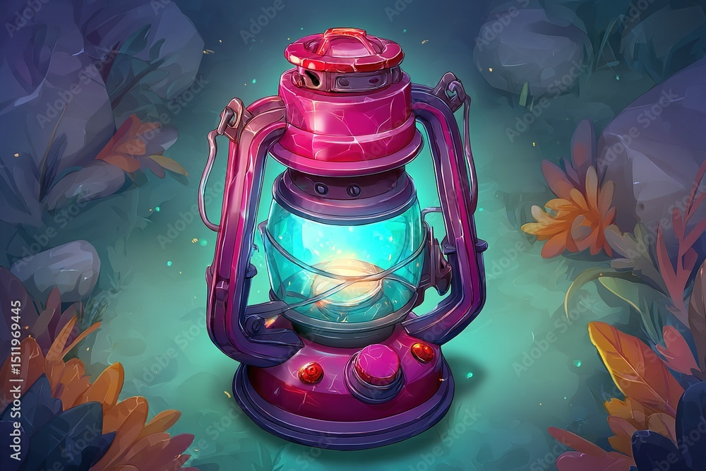 Poster lantern illuminates the forest path in a magical evening setting with vibrant colors and enchanting 