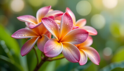 Fototapeta premium Close-up of Dewy Plumeria Blooms: A detailed shot of exquisite pink and yellow Plumeria flowers, glistening with raindrops, conveying natural elegance and freshness.