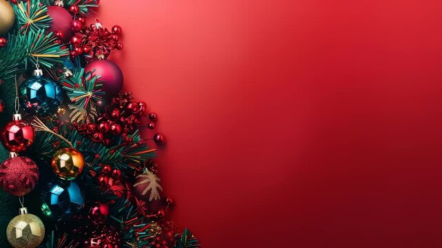 Festive Christmas or holiday decoration placed on the side of the image, featuring ornaments, red berries, and evergreen branches against a rich red background with space for text.