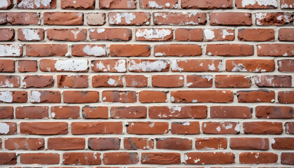 Fototapeta premium Urban Decay: Textured Red Brick Wall Background: A sturdy red brick wall showing signs of wear and tear with white paint peeling, perfect for themes of resilience, history, or urban settings.