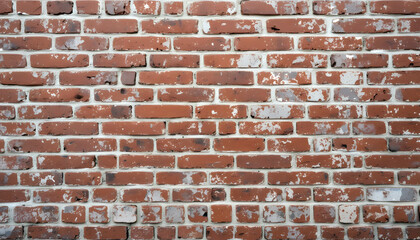 Fototapeta premium Rough Red Brick Masonry with White Imperfections: An antique brick wall with a mix of red hues and patchy white residue, ideal for backgrounds needing a worn, authentic feel.