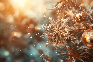 Obraz premium A festive Christmas decoration with glittery snowflakes and golden baubles.