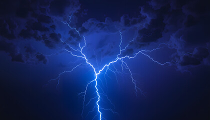 Intense Weather: Brilliant Blue Lightning in Dark Clouds: Multiple forks of bright blue lightning pierce through a deep blue and black cloudy sky, showcasing a powerful electrical storm.