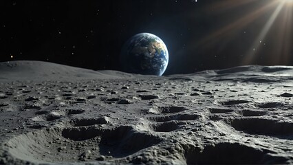 Lunar landscape with earth in the distance.