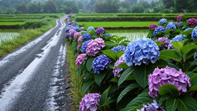 Colorful hydrangea flowers line rural road beside lush green rice fields, creating peaceful countryside scene with vibrant green