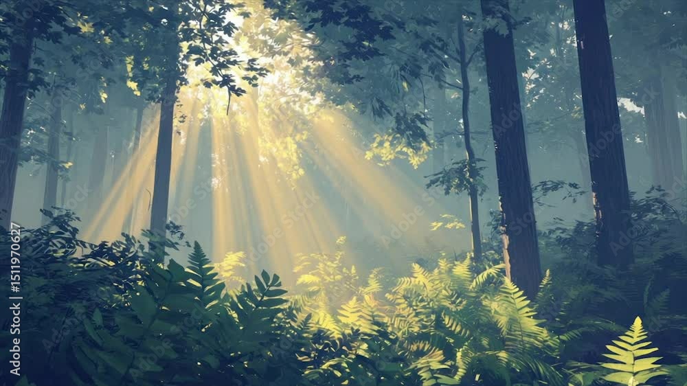 Poster sunlight streams through a dense forest canopy, illuminating ferns and trees. lush greenery and soft