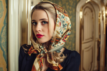 Blonde with headscarf and red lips poses in 60s interior