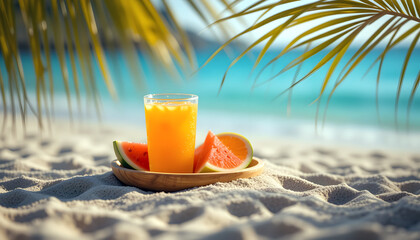 Vacation Hydration: Cold orange juice on a beach with fresh fruit, palm leaf, and sparkling ocean backdrop, ideal for summer travel and leisure.