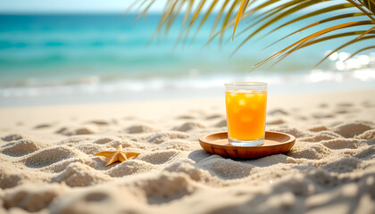 Summer Beach Drink: Vibrant orange juice with ice on a wooden coaster next to a starfish on pristine white sand, with a peaceful ocean view.