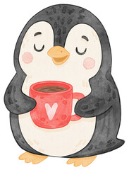 Cute penguin holding red coffee cup,  watercolor winter animal illustration