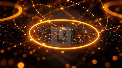 Sophisticated golden connection network over a dark grid representing data flow