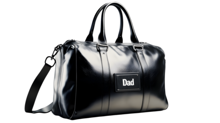 High-quality photograph of a sleek travel duffel bag with "Dad" luggage tag,