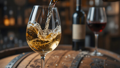 Crisp White Wine Pour into Glass in Cellar: Golden liquid streams into a wine glass, creating a splash, with blurred red wine bottles and barrels in a rustic winery background.