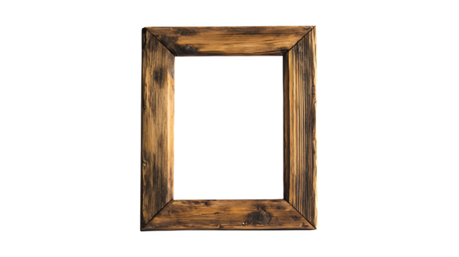 High-quality still life of a rustic wooden photo frame with a placeholder picture, leaning upright