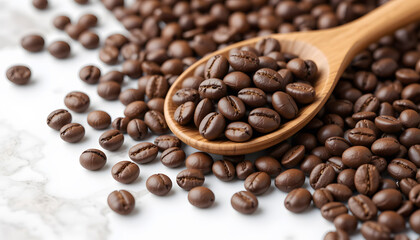 Fototapeta premium Coffee Brewing Ingredients: Beans on Marble: A focused view of freshly roasted coffee beans and a wooden scoop, suggesting preparation, set on a bright, elegant marble surface.