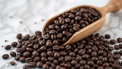 Roasted Coffee Beans Spilling from Scoop: A pile of dark, aromatic roasted coffee beans with a wooden scoop, spilling onto a clean, bright white background.