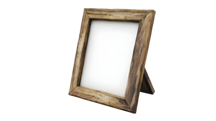 High-quality still life of a rustic wooden photo frame with a placeholder picture, leaning upright