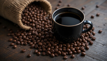 Dark Coffee in Ceramic Mug with Roasted Beans: A rich black coffee in a dark ceramic mug, surrounded by scattered, freshly roasted coffee beans and a burlap sack on wood.