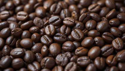 Roasted Coffee Beans Full Frame Background: A close-up, top-down view of a rich, textured surface of freshly roasted brown coffee beans, perfect for culinary or beverage themes.
