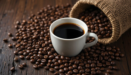 Freshly Brewed Black Coffee with Roasted Beans: A stark white cup of rich black coffee surrounded by scattered, dark roasted coffee beans and a burlap sack on wood.