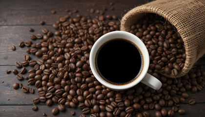 Coffee Beans Spilling from Sack onto Wood Table: A full cup of dark coffee sits amidst a bounty of aromatic roasted beans, freshly poured from a rustic burlap sack on a wooden surface.