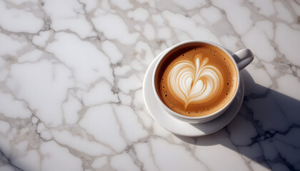 Perfect Top-Down Coffee View: A freshly brewed latte with beautiful heart latte art presented elegantly on a white saucer and marble table.