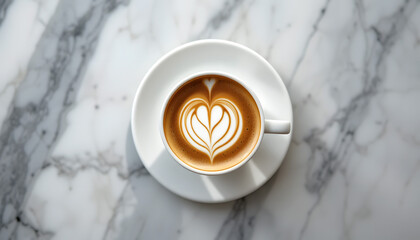 Gourmet Coffee with Artisan Latte Design: An aerial shot of a gourmet coffee drink featuring skilled heart latte art, symbolizing quality, craftsmanship, and a delightful beverage experience.