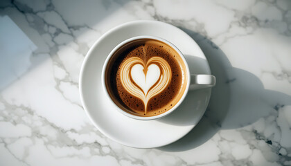 Morning Coffee Moment: Latte Art on Marble Counter: Close-up of a fresh latte with delicate heart foam art, bathed in natural light and casting shadows on a luxurious marble countertop, evoking calm.