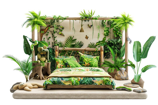 Cozy kids' bedroom with jungle-themed wallpaper isolated on transparent background
