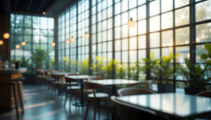 Empty Restaurant Dining Area with Garden View: Soft-focus interior with natural light, tables, chairs, lush plants visible through vast windows.