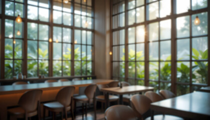 Modern Cafe Interior with Bright Window Light: Blurred background of a contemporary dining space, featuring large grid windows letting in warm sunlight, creating a bright and airy ambiance.
