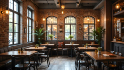 Industrial Restaurant Decor Background: A blurred interior shot highlighting trendy industrial design elements like brick walls, dark wood, and ambient lighting, great for culinary venue advertising