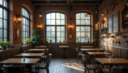 Cozy Industrial-Chic Restaurant Interior: Blurred background of an inviting dining area with exposed brick walls, warm lighting, large windows, and comfortable seating, ideal for hospitality design.
