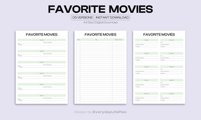 Favorite Movies List Printable Template for Tracking

