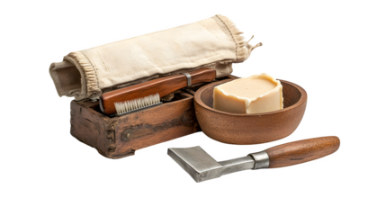 High-resolution image of a men?s grooming kit including a straight razor, shaving brush, and soap bowl