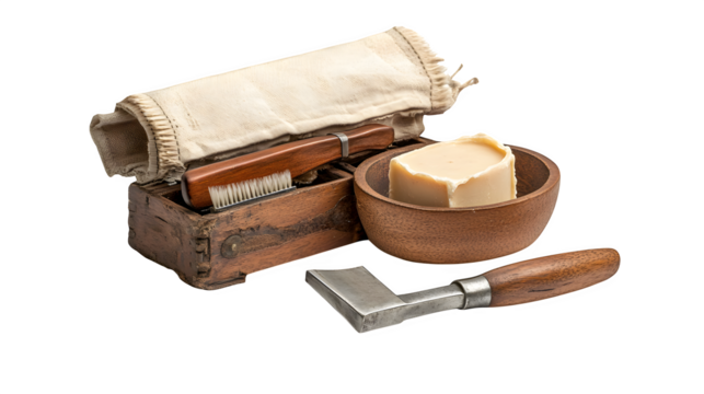 High-resolution image of a men?s grooming kit including a straight razor, shaving brush, and soap bowl