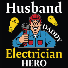 Funny Electrician T-shirt Design – Cartoon Character Holding Sign with Light Bulbs
