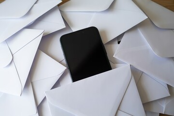 phone buried under mail envelope pile. Overwhelming work communication