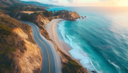 coastal road trip adventure scenic beachside aerial perspective serene ocean vibes tranquil nature escape