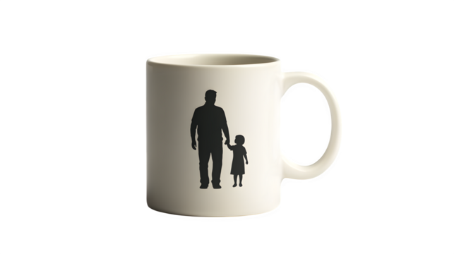 High-resolution photograph of a white ceramic mug featuring a father and child silhouette design